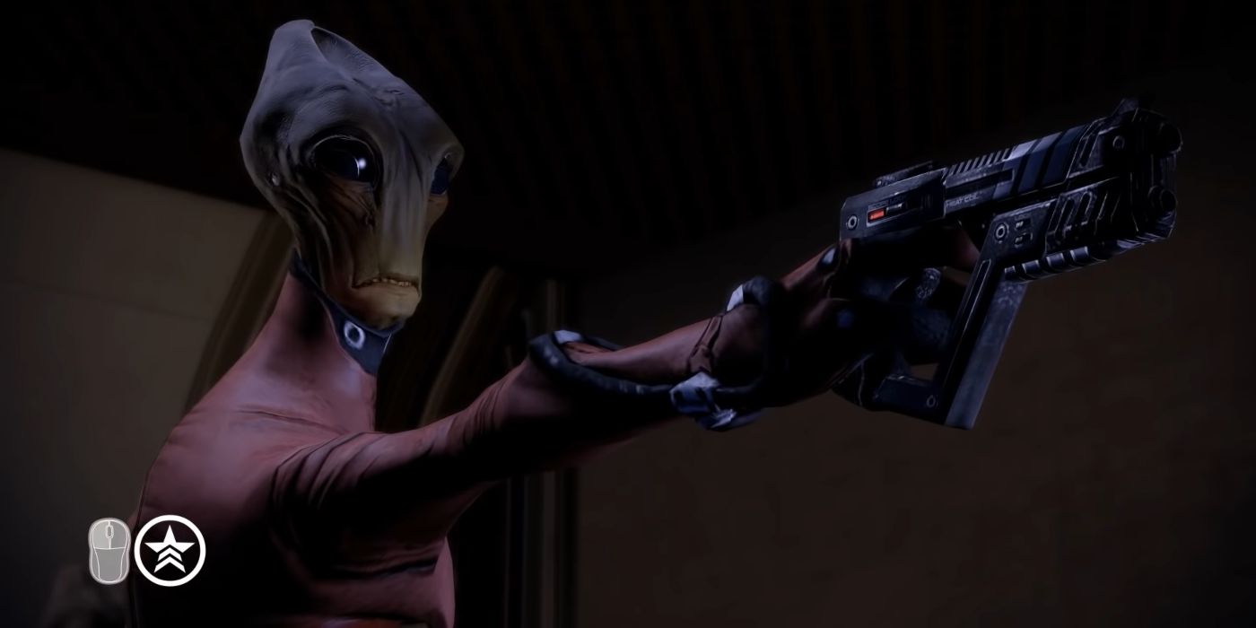 Mass Effect 2 Screenshot Of Telon Pointing Gun With Renegade Interrupt