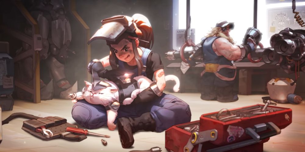Brigitte from Overwatch in Torbjorn's workshop
