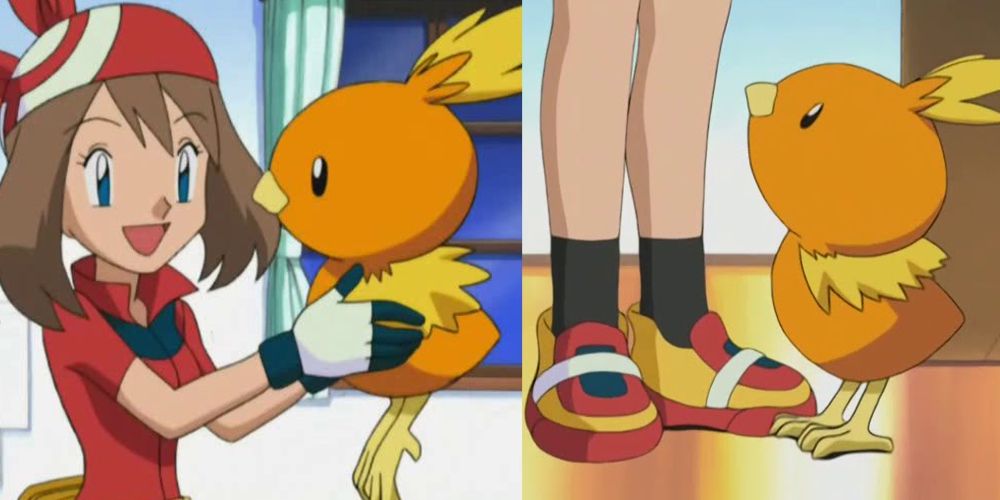 A split image of trainer May holding Torchic and seeing it on the ground looking up at her