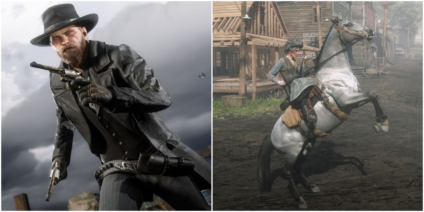 split image of player with guns and a player on a horse