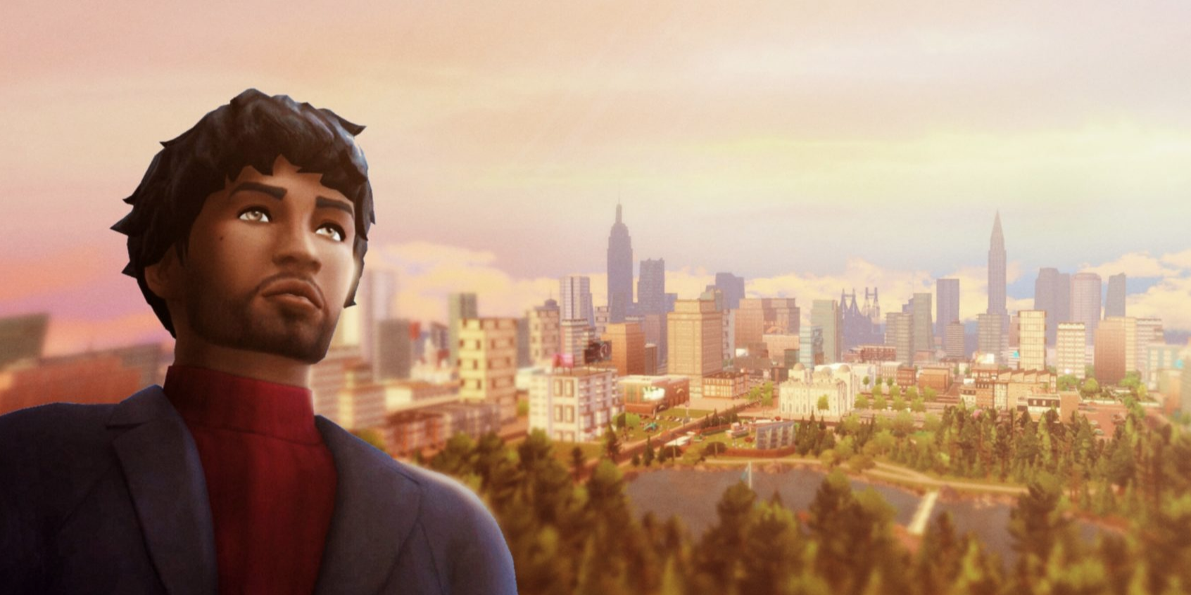 A Sim, Arnie, with the landscape of Brookheights behind them (from Brookheights Open World Mod)