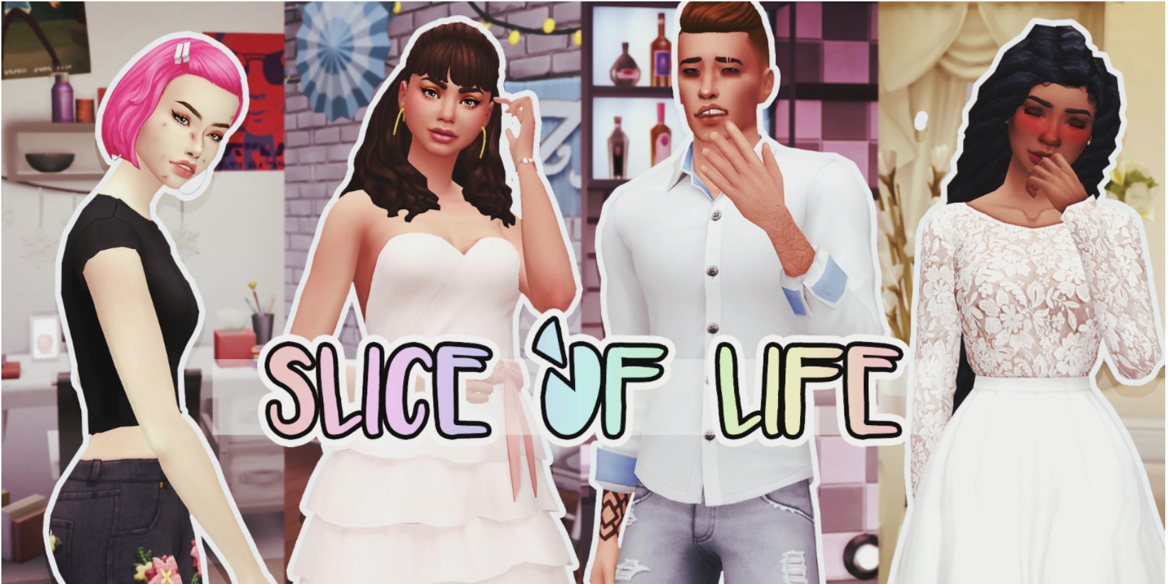 A photo of four Sims, with the title "Slice of Life" as an overlay