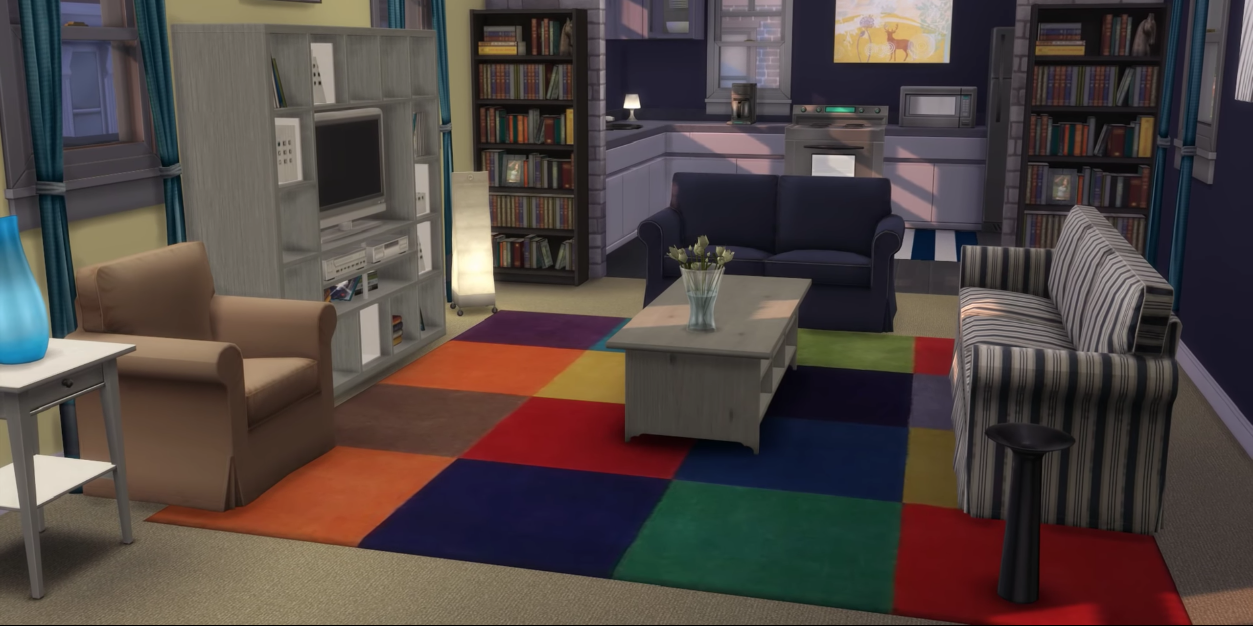 A living room in The Sims 4, furnished with pieces from The Sims 4 Ikea Home Stuff CC Pack