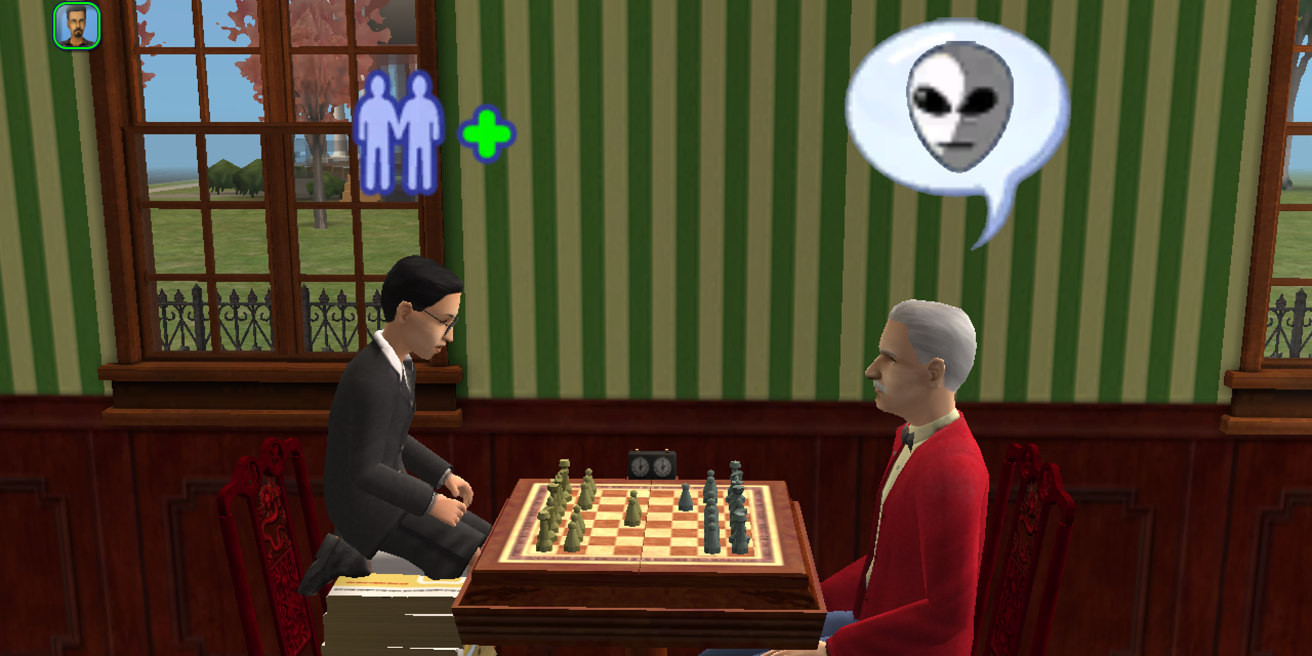 Alexander and Mortimer Goth playing chess in The Sims 2