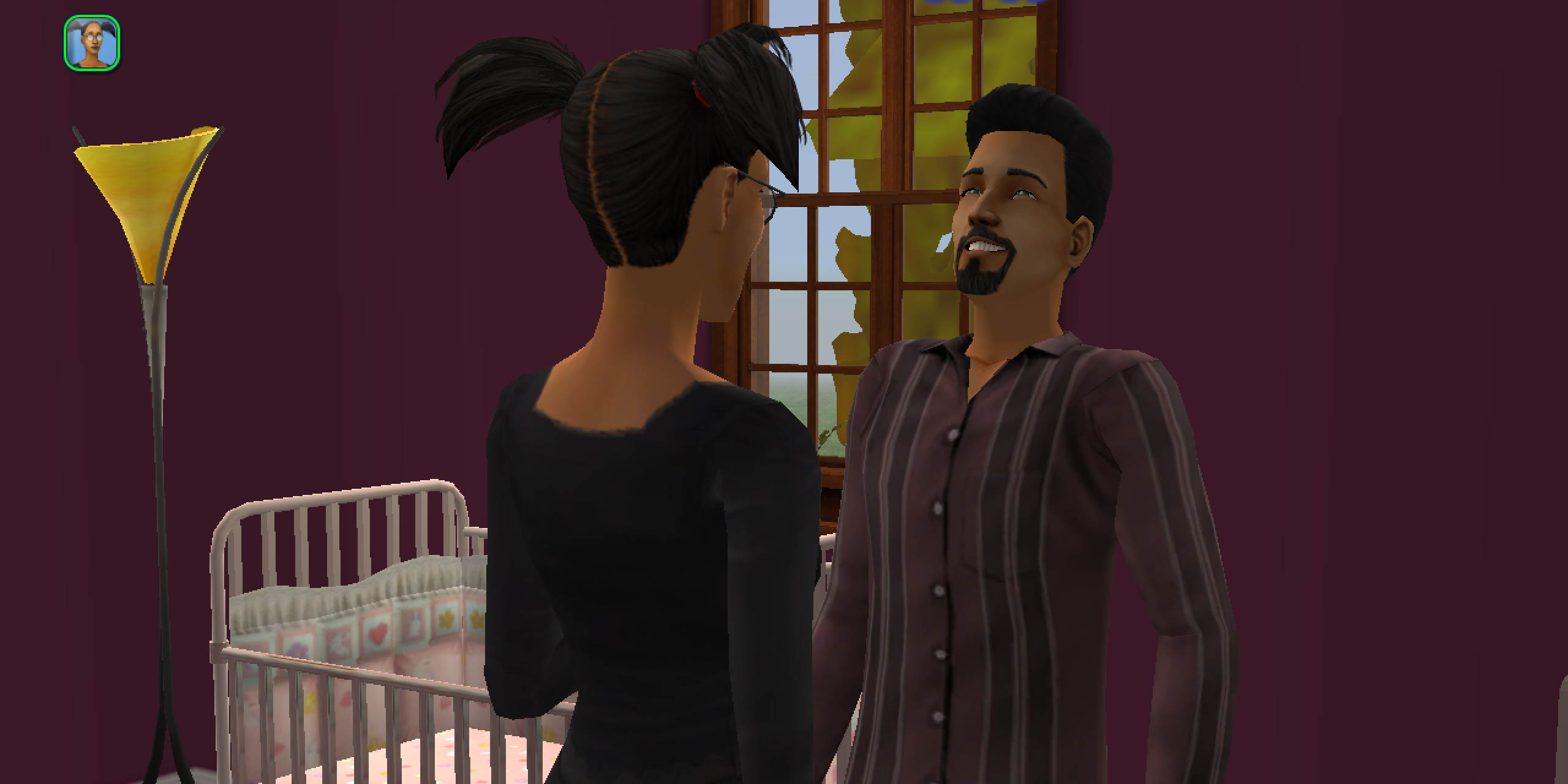 Don and Cassandra Goth talking in their nursery in The Sims 2