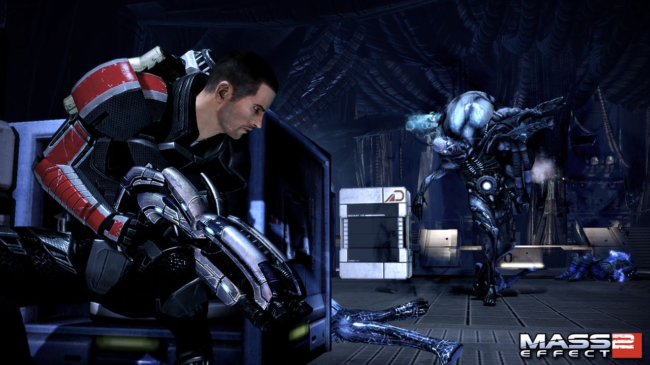 Shepherd battling a Reaper enemy in Mass Effect 2