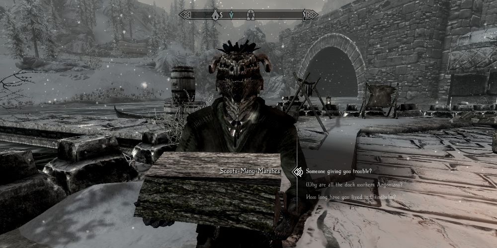 image of Argonian holding wood from Elder Scrolls V Skyrim