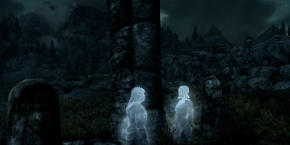 Two ghosts in Skyrim at night.