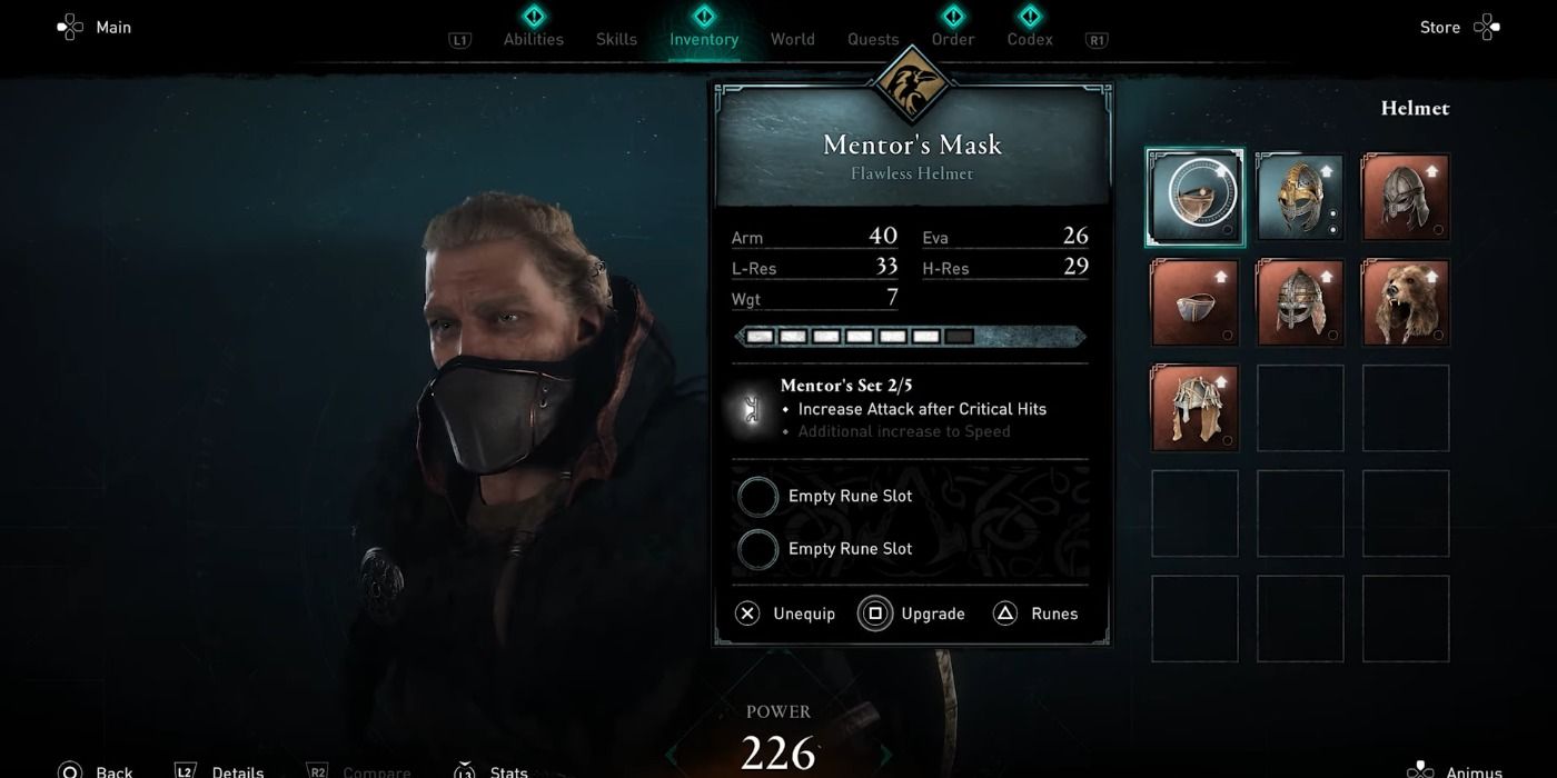 Eivor wearing Mentor's Mask in Assassin's Creed Valhalla and stat sheet