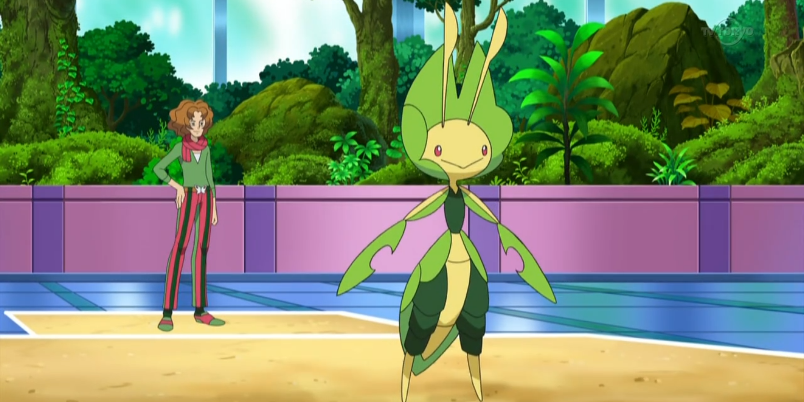 Pokemon Trainer Burgh and his Leavanny on the battlefield