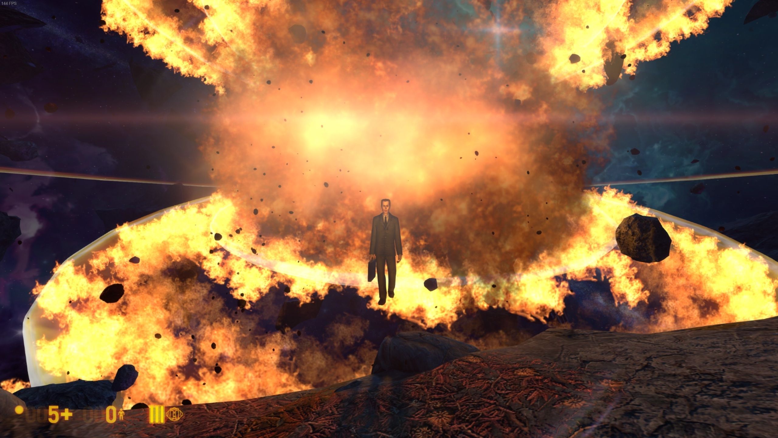 G-Man walks towards player suspended midair above explosion