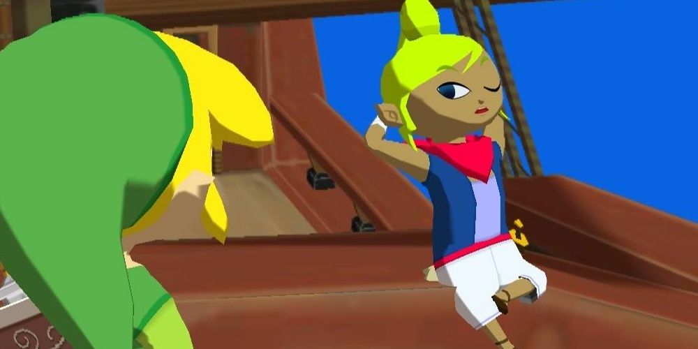 The legend of zelda wind waker Tetra looking at link from the corner of one eye while relaxing