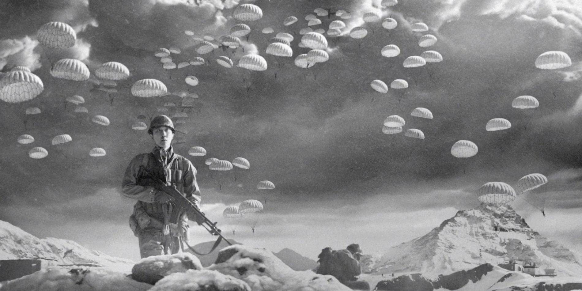 Fallout 4 intro battle of anchorage soldier parachutes black and white