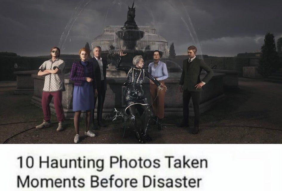 A Hitman 3 meme that features a family photo of the Carlisle Family, presumably right before Agent 47 carries out a kill. The text below is from a popular youtube video that says "10 Haunting Photos Taken Moments Before Disaster."