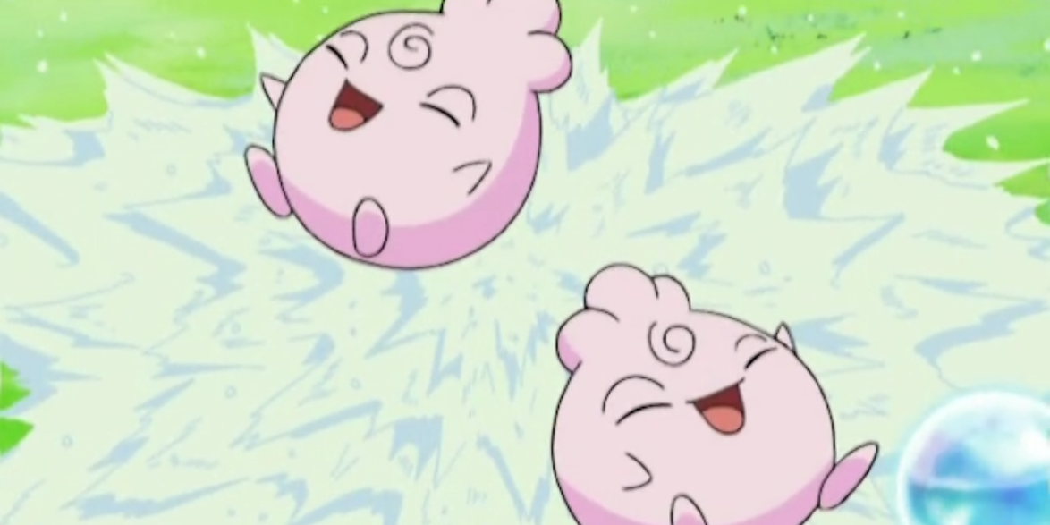 Two Igglybuff in the Pokemon anime playing in water