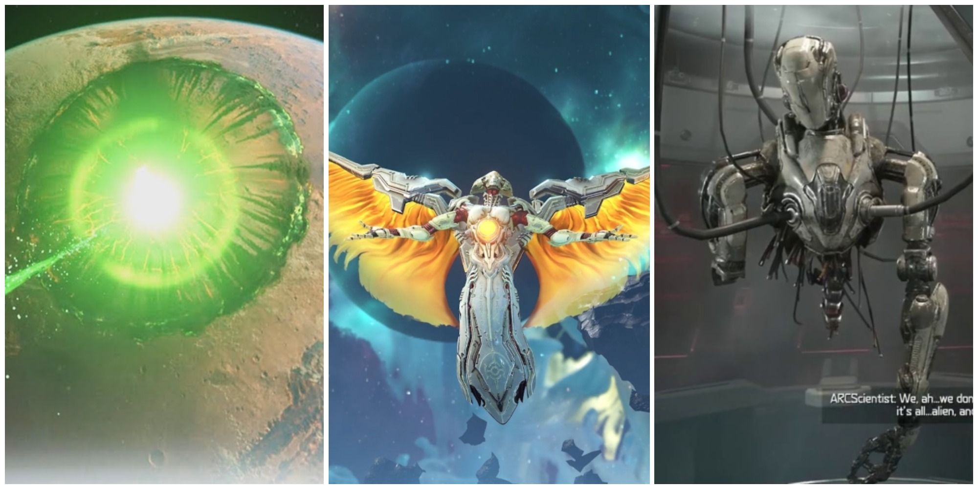 A collage of three different dark moments in Doom Eternal