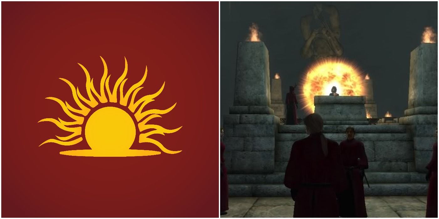 The symbol of the Mythic Dawn (left) and members gather before their leader, Mankar Camoran as he enters his paradise in Oblivion