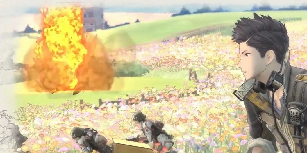 a tank in Valkyria Chronicles 4 charging through flowers