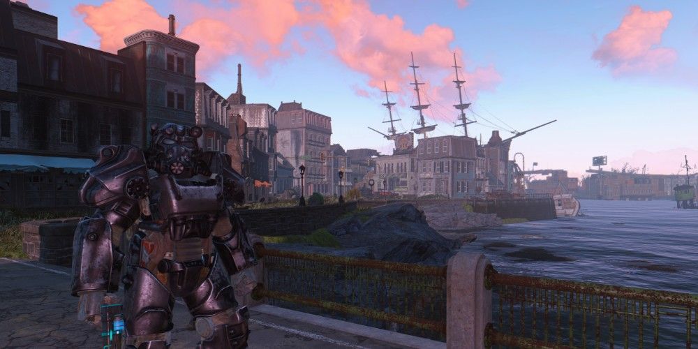 Brotherhood of Steel soldier standing in front of the water.
