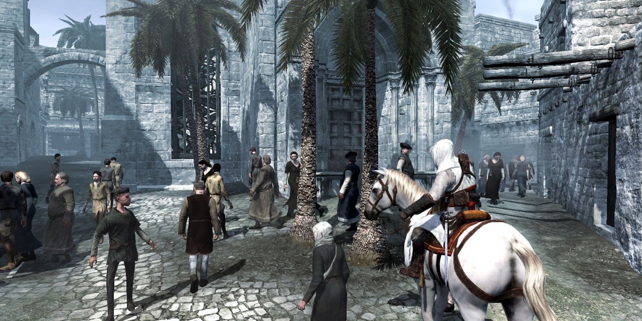 Assassin's Creed 1 Riding Horse through a town.