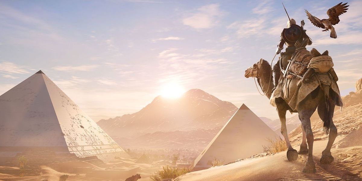 Assassin's Creed Origins pyramids and camel.