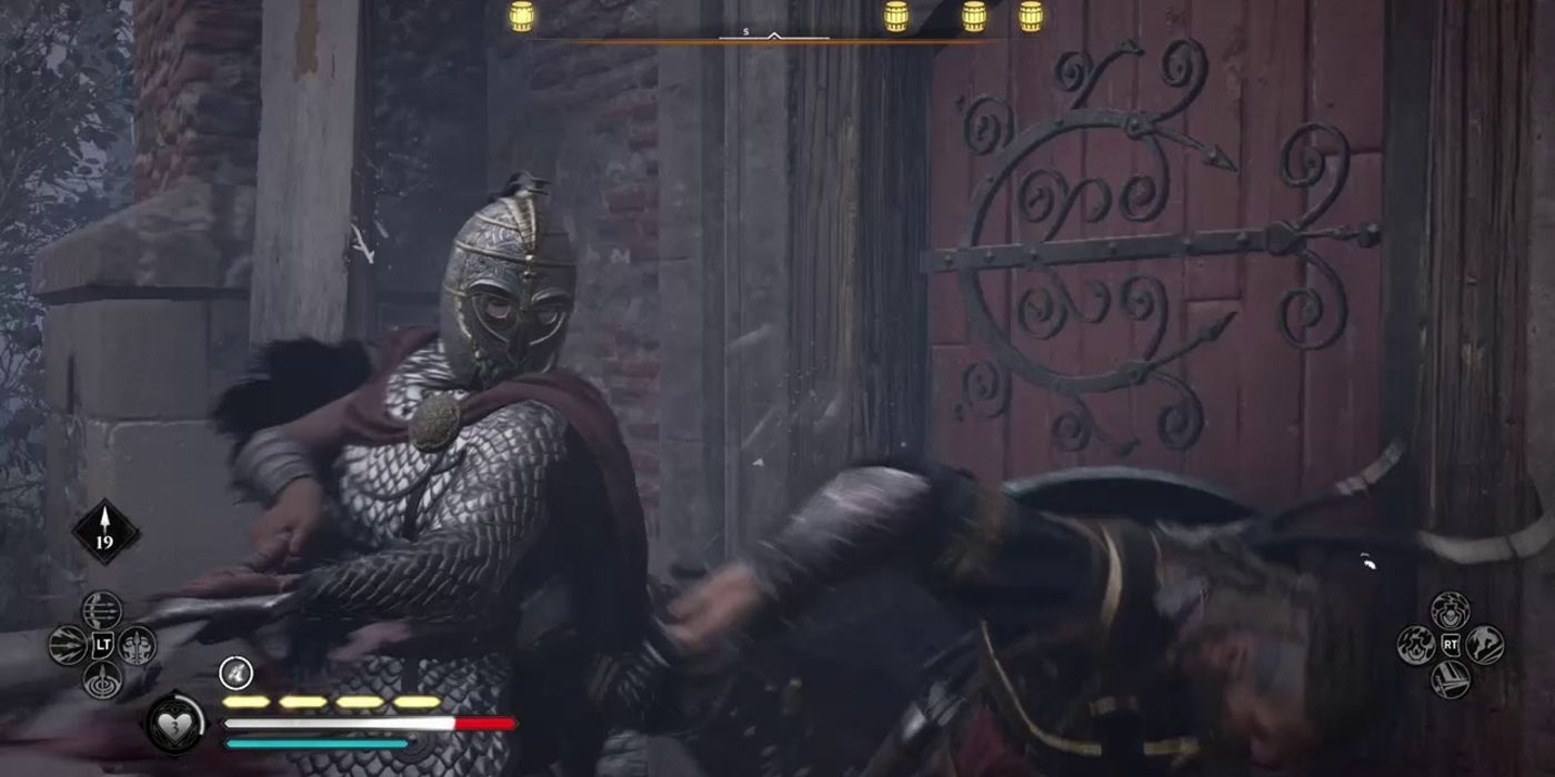 A banneret gets a hit on Eivor in AC: Valhalla