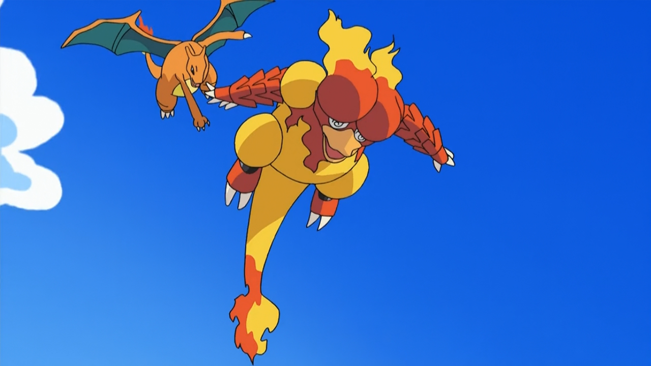 ash's charizard throwing blaine's magmar with seismic toss
