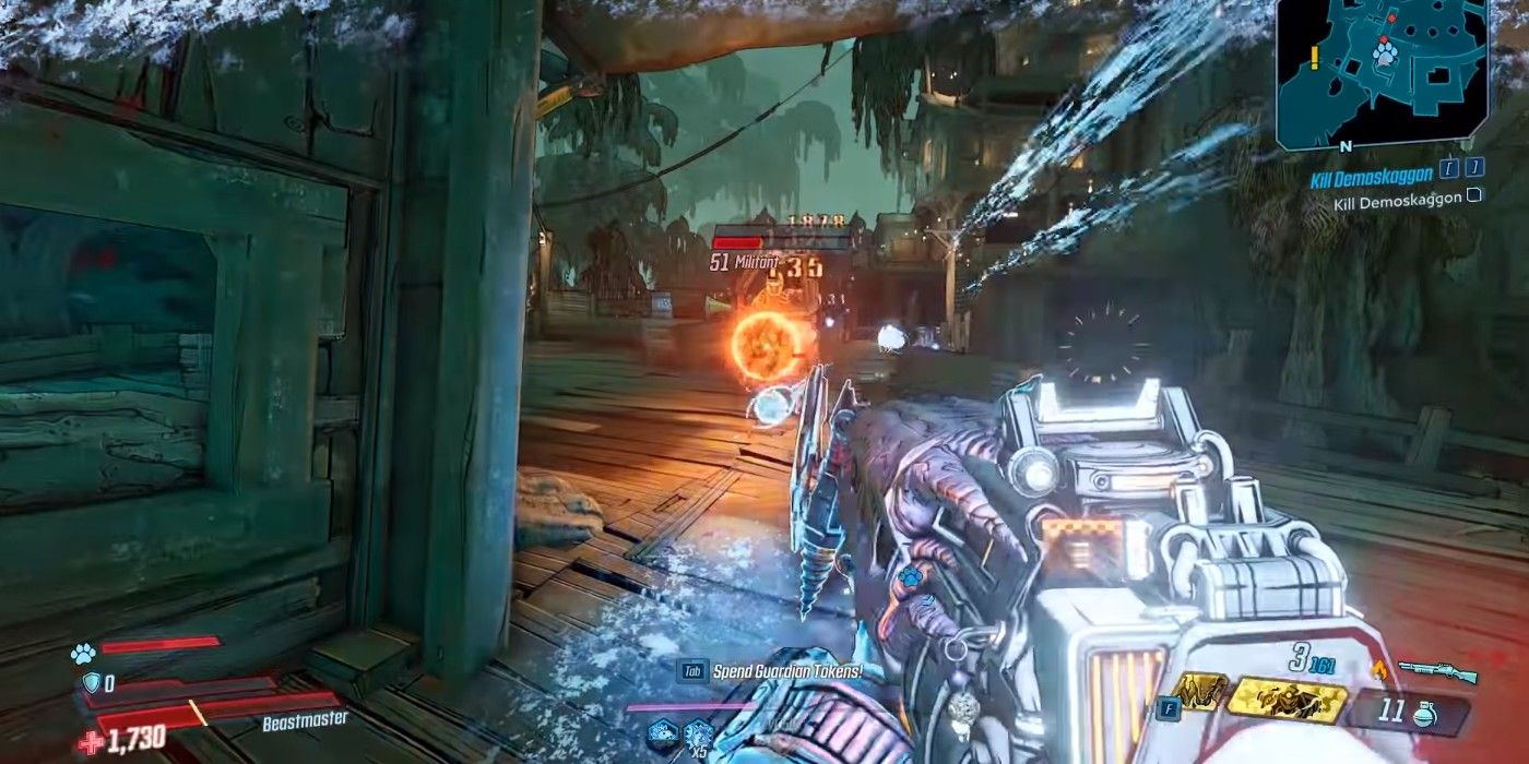 Borderlands 3 firing The Lob at shielded enemy