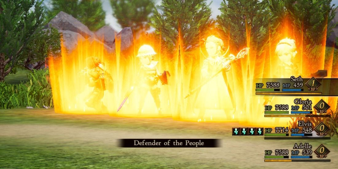 Defender of the People blocking the team in Bravely Default 2