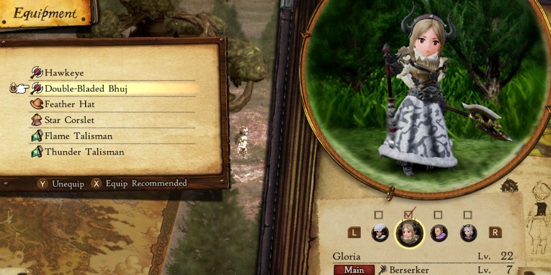 Gloria as a Berserker in the Bravely Default 2 Equipment Screen