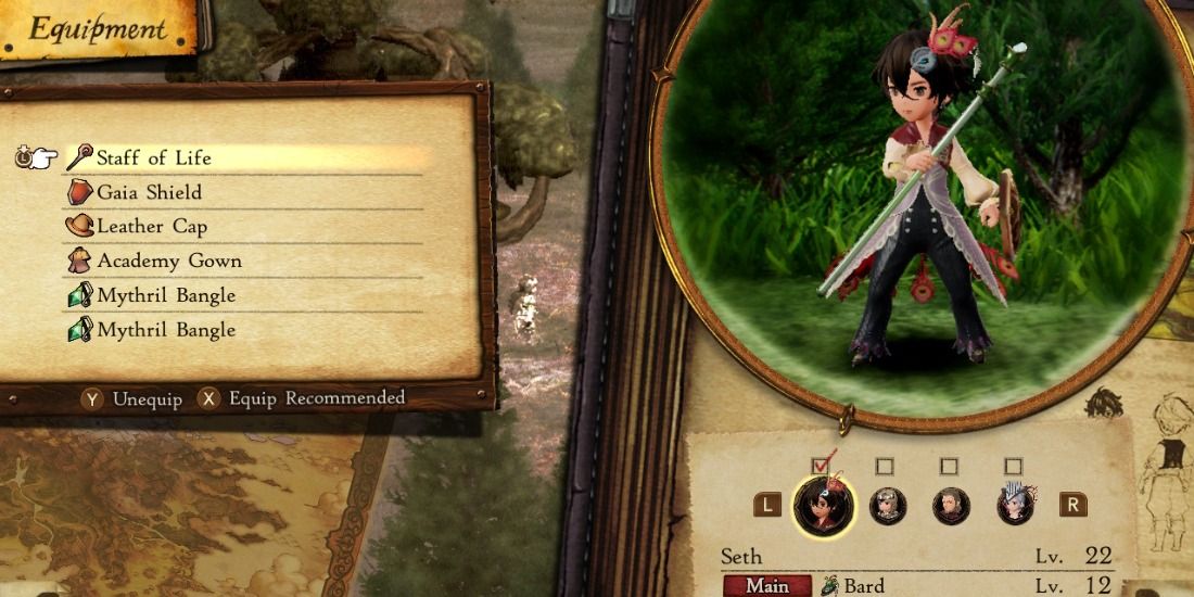 Seth as a Bard in the Bravely Default 2 Equipment Screen
