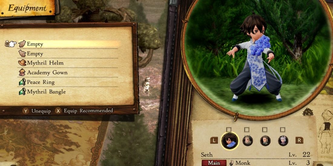 Seth as a Monk in the Bravely Default 2 Equipment Screen