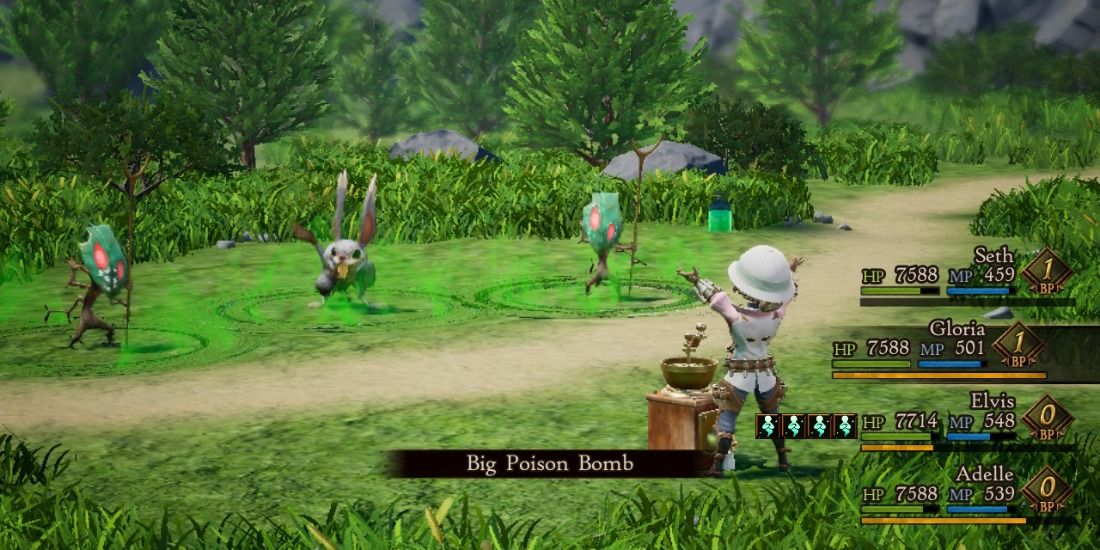 Gloria mixing a Big Poison Bomb in Bravely Default 2