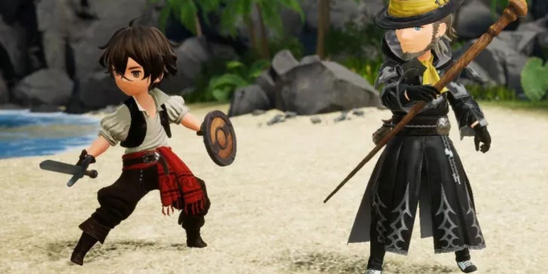 Seth as a Freelancer and Elvis as a Black Mage joining forces on a beach in Bravely Default 2