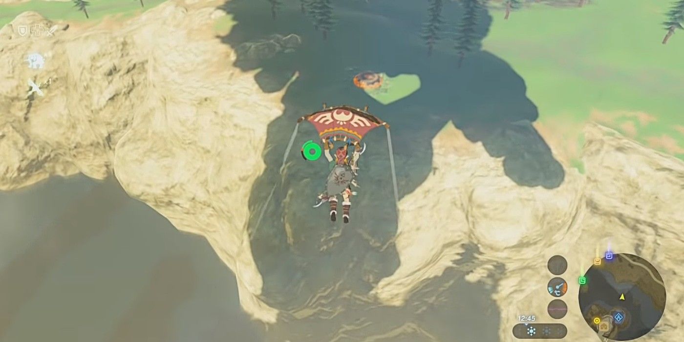 Breath of the Wild Link paragliding downward towards shrine platform