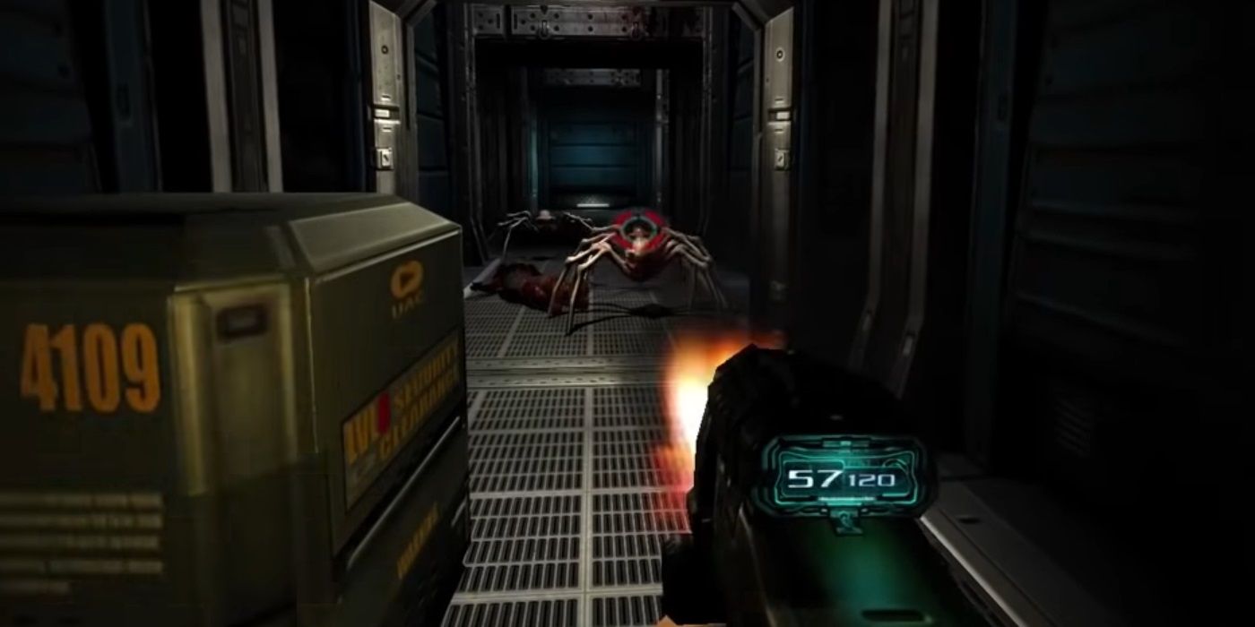 Doom 3: Doom guy shooting at a demon in a narrow hallway