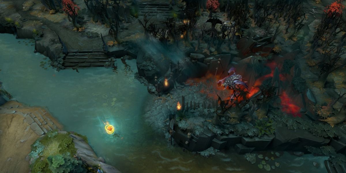 The river center of the DOTA 2 map featuring a large monster