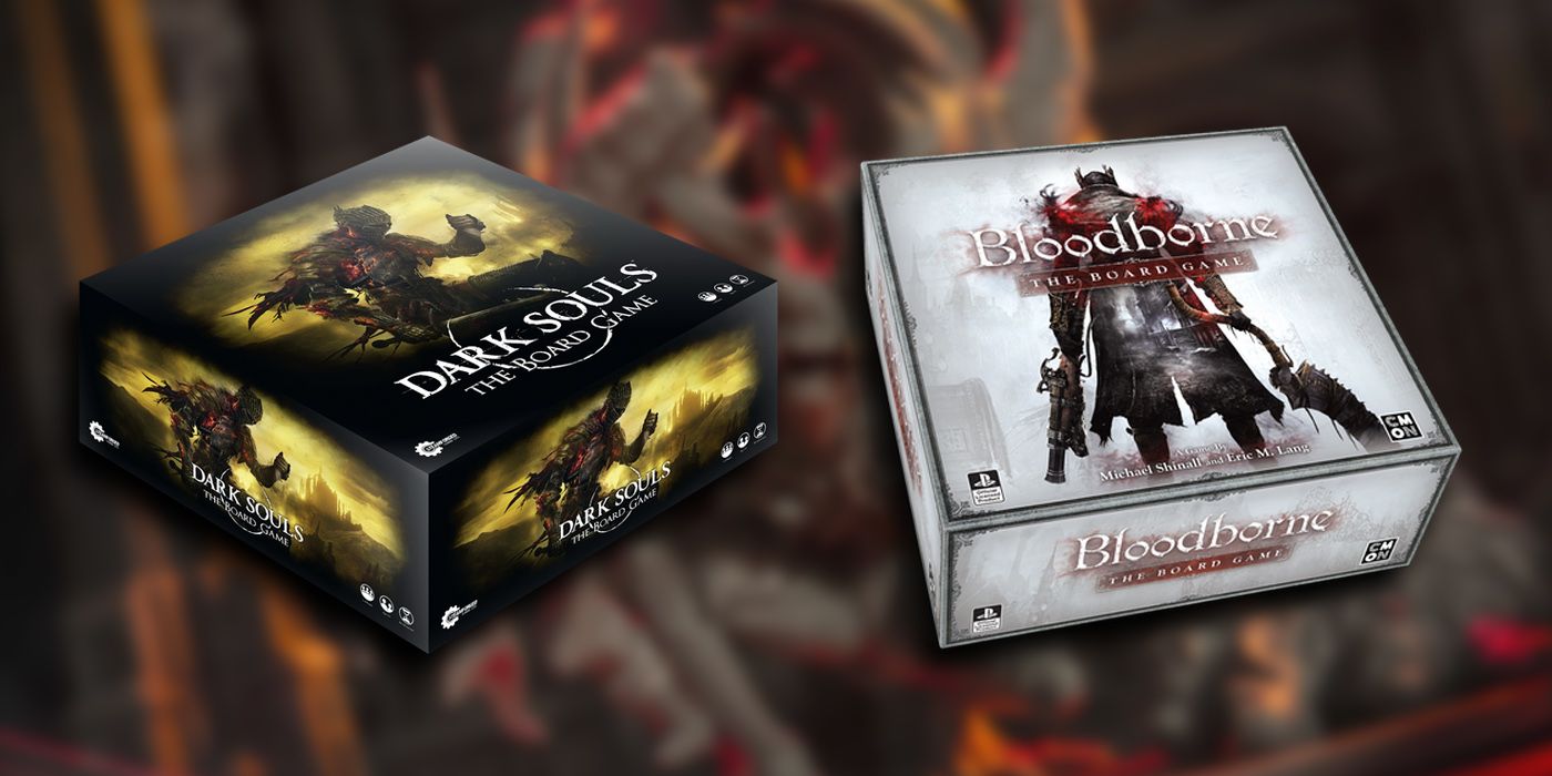 Dark Souls &amp; Bloodborne Board Game Boxes Overlaid On Image Of Manus Figurine