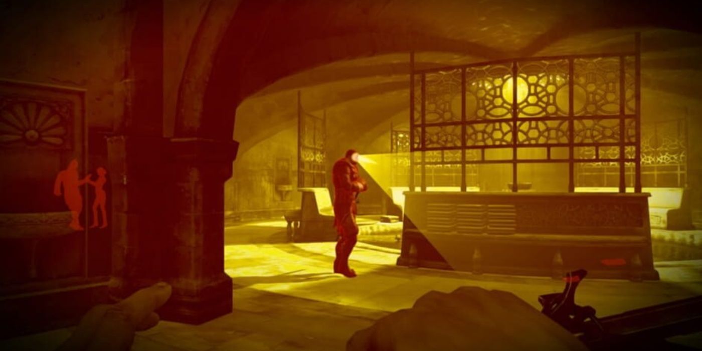 Dishonored - POV of Darkvision power showing a guard's line of sight and people behind a wall