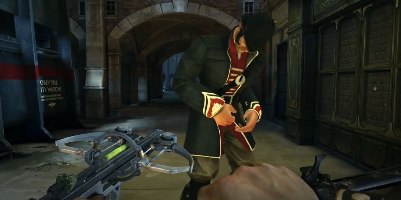 Dishonored - POV of crossbow with sleeping darts being used on a guard