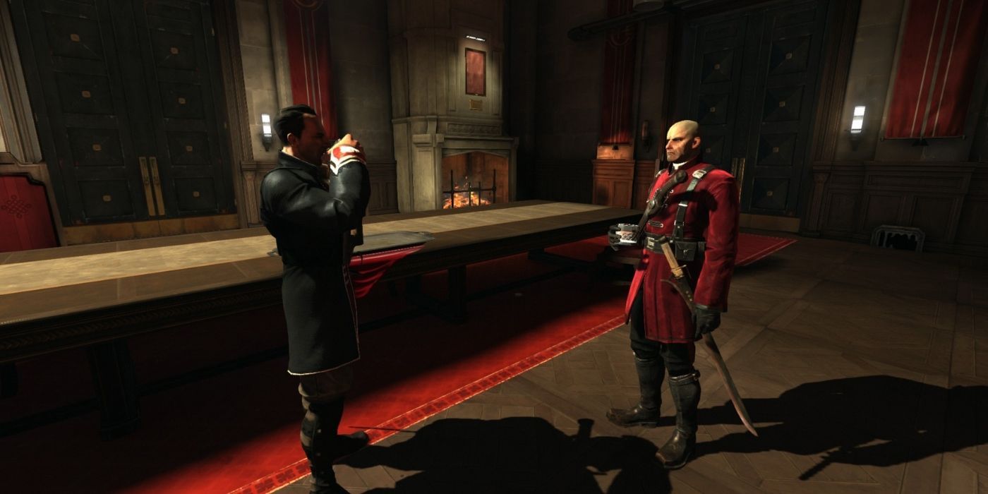 Thaddeus Campbell drinks wine with Captain Curnow in Dishonored