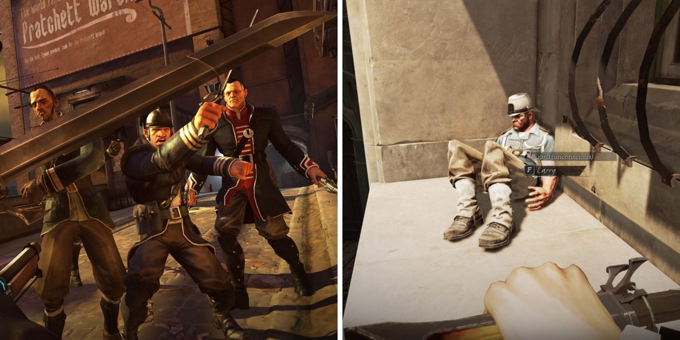 Dishonored - POV of Corvo being attacked by three guards - A sleeping guard on a ledge