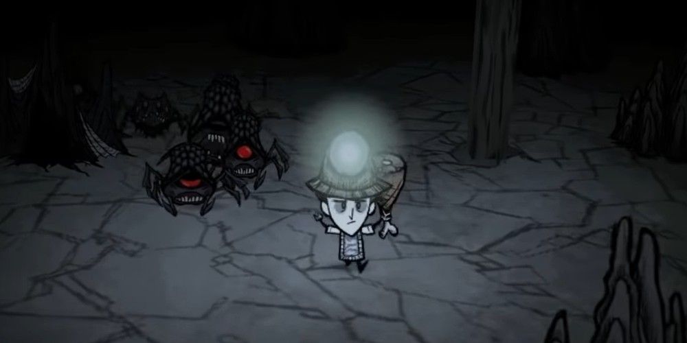 Don't Starve Together Wilson running from Cave Spiders wielding a Ham Bat and wearing a Miner Helmet and Marble Suit