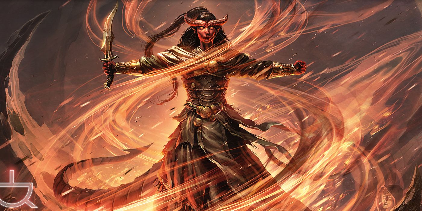 Dungeons &amp; Dragons Artwork of a Tiefling Spellcaster Surrounded By Fire
