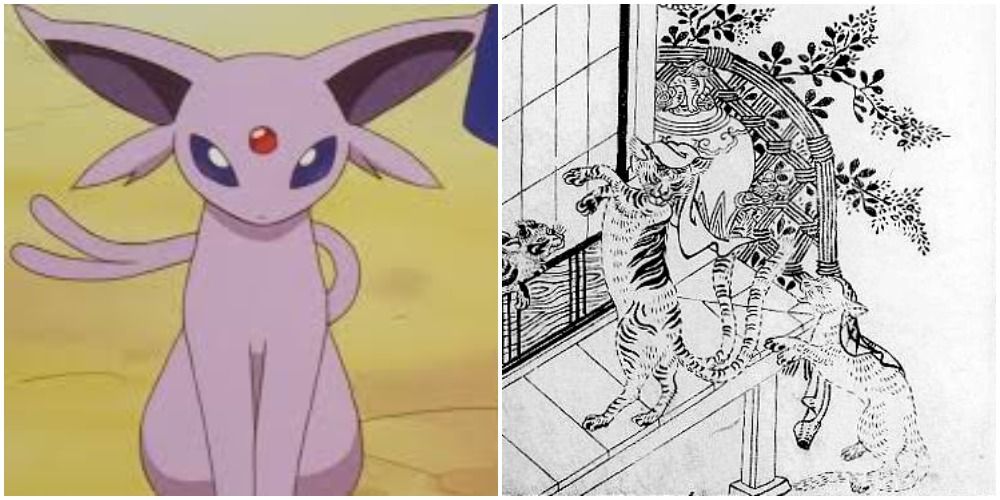 Psychic Pokemon Espeon and its Inspiration, the Nekomata (cat-like yokai)