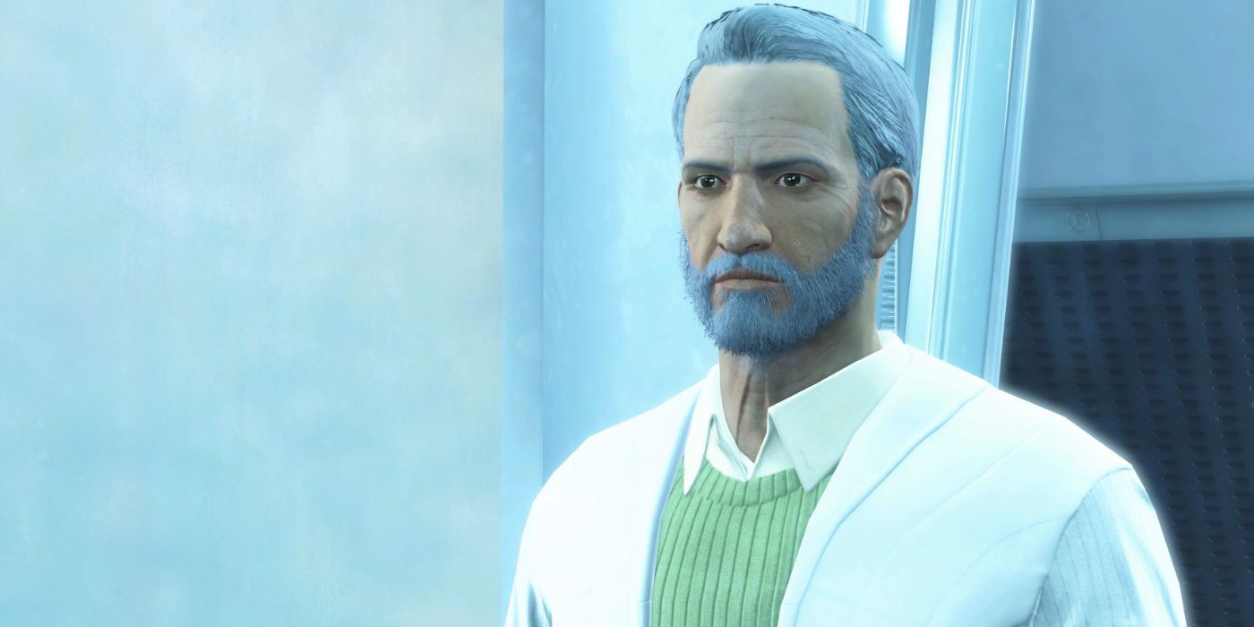 Shaun as Father of the institute in green vest and white coat