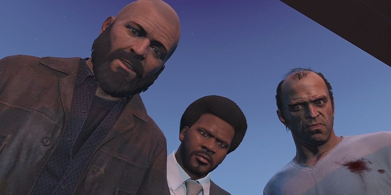 Michael, Franklin, and Trevor in the final scene of Deathwish in GTA V