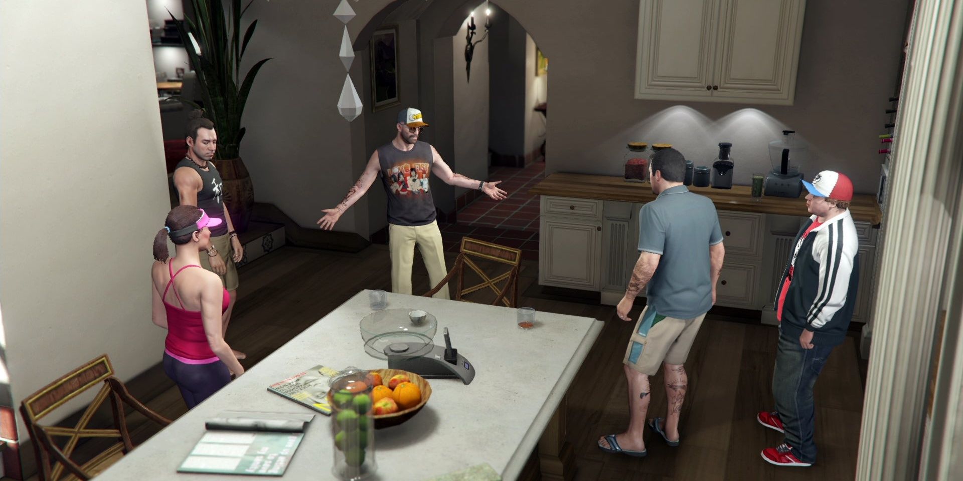 Trevor arriving at Michael's house while Jimmy, Amanda and Fabien are present