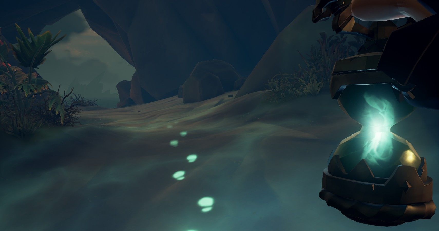 Using the lantern to uncover footsteps on the ground.