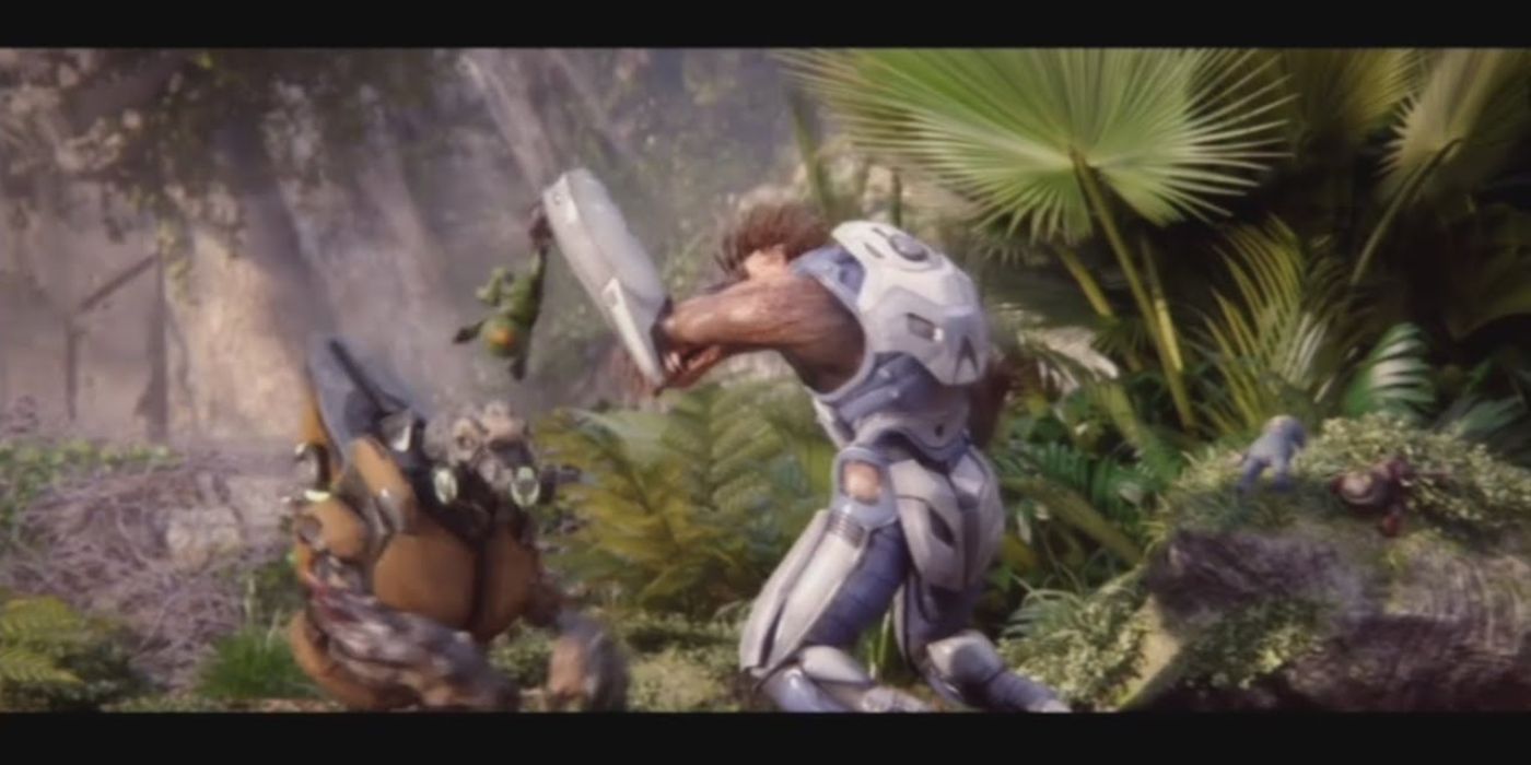 A jackal (right) messes with a grunt's toy in a Halo 2: Anniversary cutscene